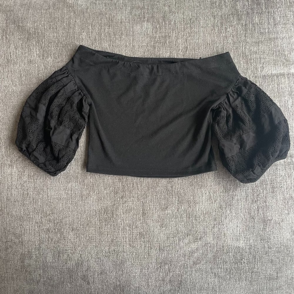 Black Cropped Off-the-Shoulder Top with Bell, Crochet Sleeves (Size Small)